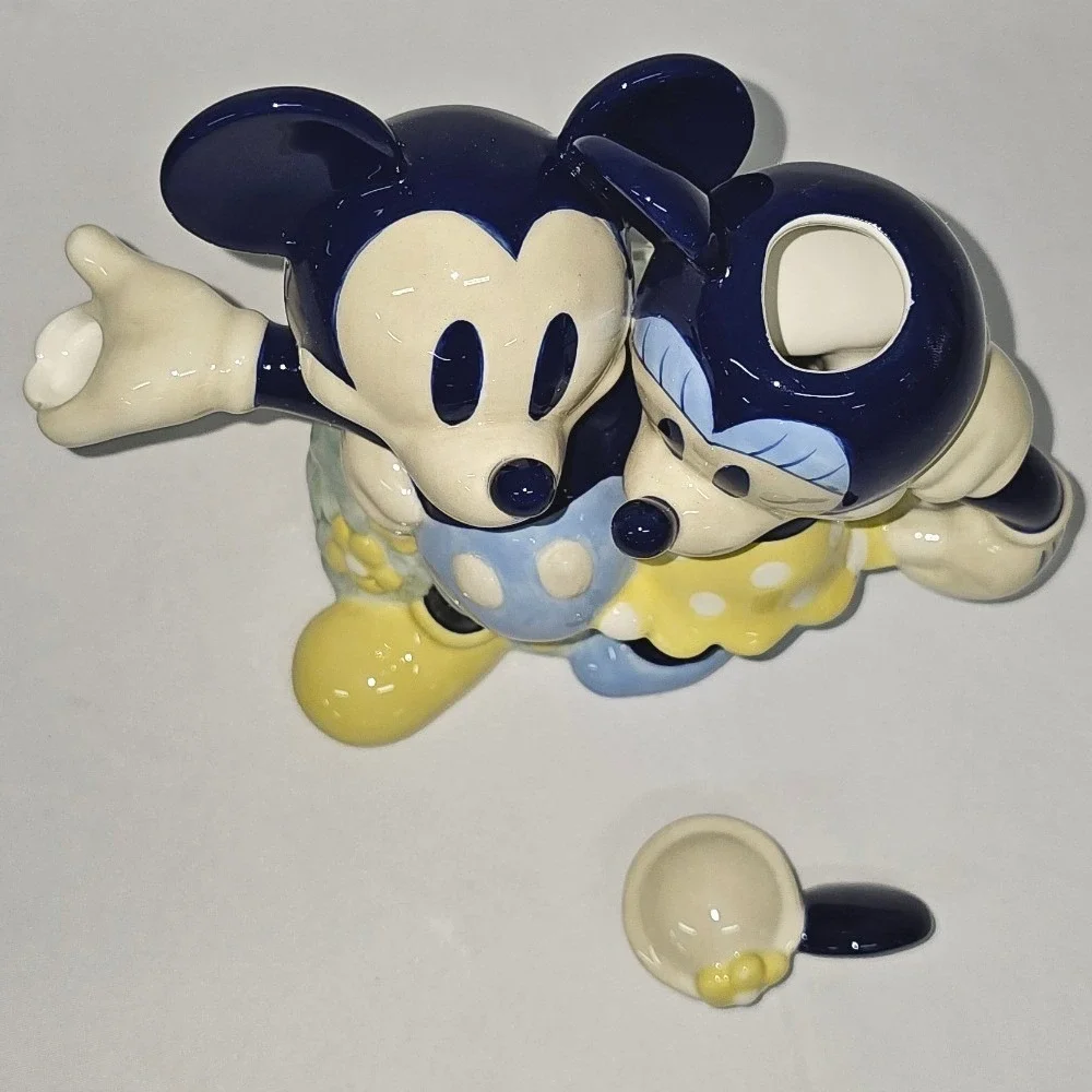 Disney Mickey and Minnie Mouse Ceramic Teapot Blue Yellow‎ Floral Collectible